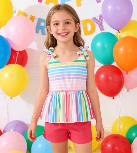 Image of Toddler Girls Clothes Summer Short Set Outfit Tie Knot Shoulder Sleeveless Ruffle Tops and Shorts 2PC Clothing Set