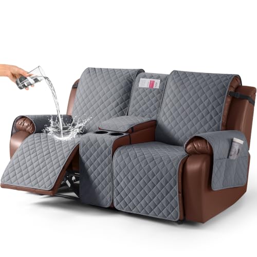Image of KinCam 100% Waterproof Recliner Loveseat Cover with Console, Non-Slip Reclining Couch Covers for 2 Seat, Recliner Sofa Cover Furniture Protector with Elastic Straps for Kids, Pets, Dark Gray