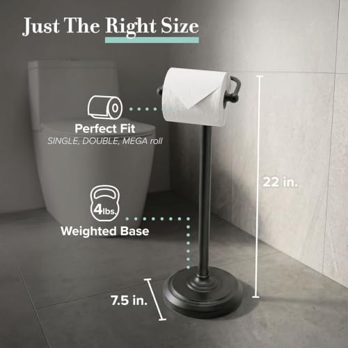 Image of Gatco 1436MX Toilet Paper Holder Stand, Weighted Base, Matte Black, Freestanding Bathroom Floor Stand, 22 Inch