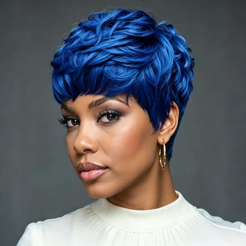Qingcheng Short Blue Hair Wig with Bangs Short Pixie Cut Wig Short Women's Wig Synthetic Wigs for Women Short Hairstyles Short Hair Wigs for Halloween, Christmas Party, Music Festival Cosplay Wig