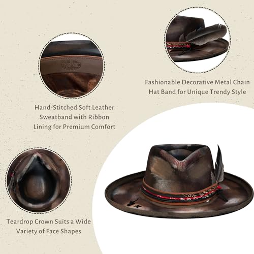 Image of RUEDIGER Vintage Pencil Brim Fedora Hats 100% Wool Felt Hat Panama Rancher Hat with Lightning Logo Handmade Distressed /Burned