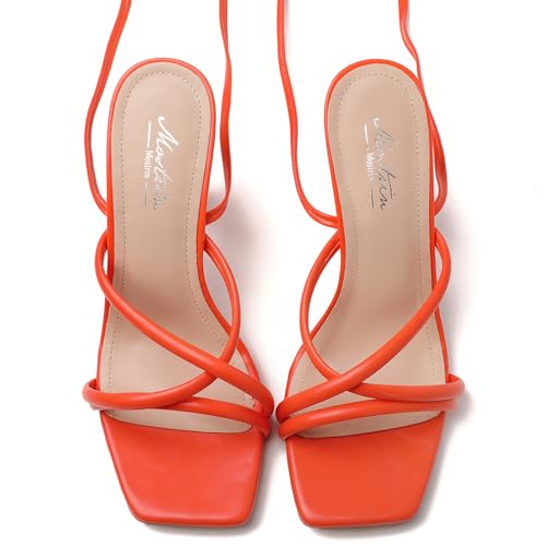 Image of Mostrin Womens Sandals Strappy Heels for Women Lace Up Square Open Toe Heels Tie Up High Heeled Sandals for Prom, Party, Daily Wear