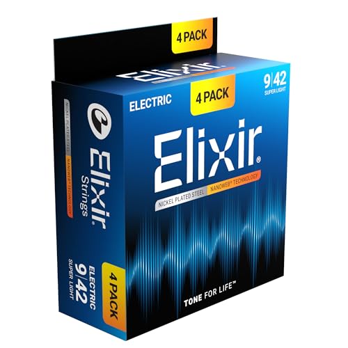 Elixir Cuerdas Strings para guitarra eléctrica niqueladas con tecnología NANOWEB, superligeras (.009-.042), paquete de 4 unidades especial de Amazon