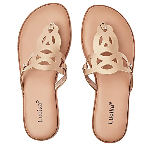 Luoika Women's Wide Width Flat Slides Sandals, Flip Flop Strappy Thong Sandals Comfortable Summer Beach Shoes for Women.