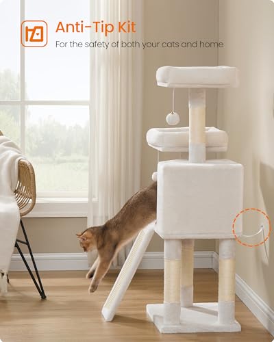 Image of Feandrea Cat Tree, 45.3-Inch Cat Tower, Plush Condo Scratching Post, White | 45.3-Inch Cat Tower, Plush Condo with Scratching Post, Ramp, Perch, Spacious Cave, Cream White