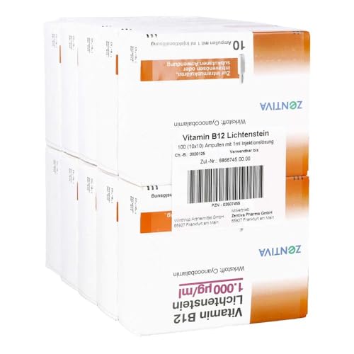 Vitamin B12 1.000 g Lichtenstein Ampullen 100 Stück bei Vitamin-B12-Mangel Cyanocobalamin Injektionslösung unterstützt Blutbildung Nervengesundheit Immunsystem