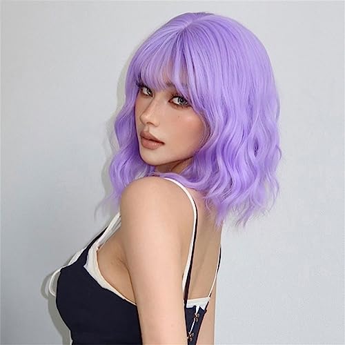 Perruque synthétique violet bleu à frange - Carré court bouclé