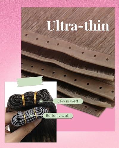 Image of YoungSee 100g Butterfly Weft Hair Extensions Human Hair, 20 Inch Balayage Butterfly Hair Extensions for Women, Light Brown Balayage Platinum Blonde, OVO Weft Extensions Long Straight Hair