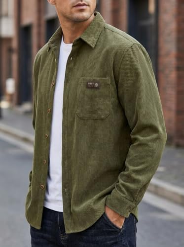 Image of IndoPrimo Men's Corduroy Shirt | Premium Ribbed Full Sleeve Casual Overshirt | Button-Down Solid Shirt with Chest Pocket | Regular Fit
