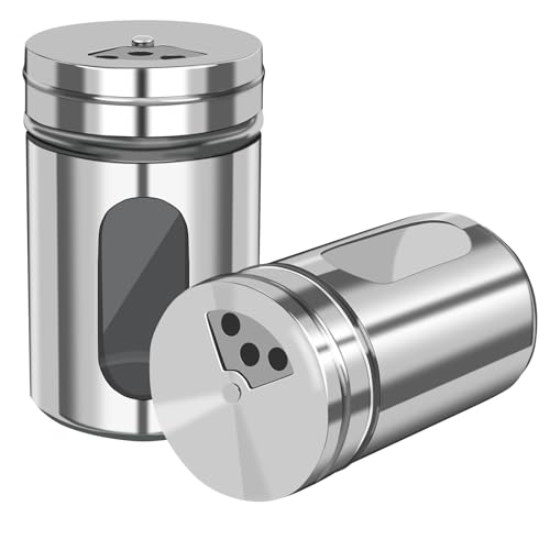 2 PCS Stainless Steel Salt and Pepper Shakers with Adjustable Pour Holes – Elegant Glass and Metal Spice Shakers for Coarse, Kosher, Sugar, Cinnamon, and Spices