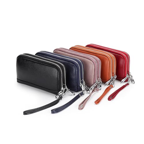 NIGEDU Bolsa clutch feminina de couro genuíno com zíper duplo porta-cartões com alça de pulso, Preto