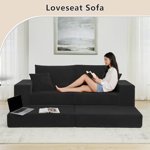 Image of Modular Boneless Floor Couch, Modern Cozy Corduroy Cloud Loveseat Couch with Ottoman, Memory Foam, Convertible Sleeper Sofa Bed for Living Room, Small Spaces, Assembly Free, Black