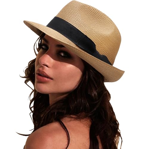 DRESHOW Women Straw Sun Hat Short Brim Panama Travel Fedora Beach Cap Roll up Summer Hat for Women Men UPF 50+