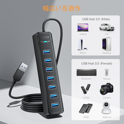 undefined iDsonix 7ポート USB ハブ 3.0 [1m ケーブル] USB 拡張ハブ 高速5Gbps データ送信、USB マルチポート アダプタ、usb3.0 ハブ ロングケーブル PC、ノートパソコン、フラッシュドライブ、モバイルハードドライブ、Windows/XPS/Mac OS/Linux 用、黒 の商品画像 4