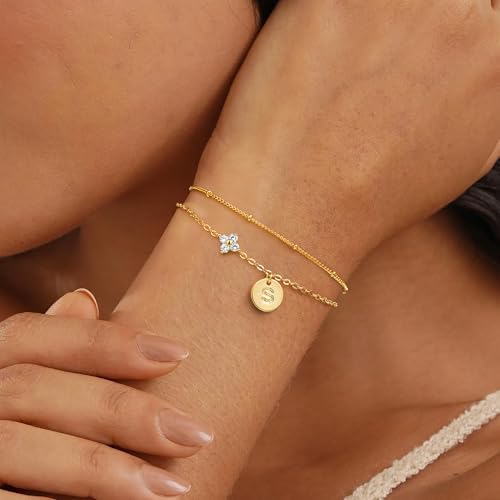 M MOOHAM Gold Initial Bracelets for Women Gifts - Dainty Cubic Zirconia Four Leaf Clover Bracelet for Women Trendy Personalized Initial Bracelet for Teen Girls Jewelry Gifts3