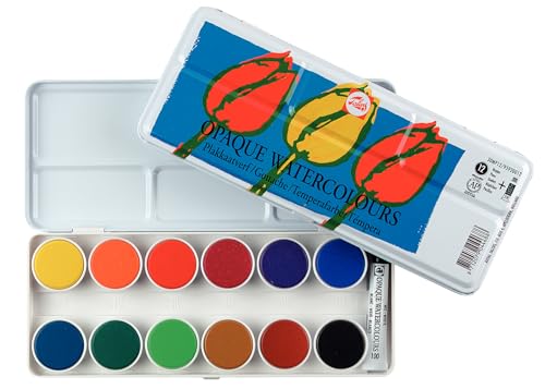 Talens Opaque Watercolors, Metal Tin, Set of 12 Round Pans