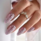 IMRAIN Glitter Press on Nails Medium Almond Pink Fake Nails Glossy Glue on Acrylic Nails Full Cover Sparkling Artificial False Nails for Women Girls 24Pcs