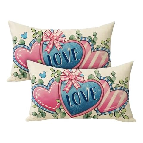 Fjfz Valentines Day Love Lumbar Decorative Throw Pillow Covers 12 x 20 Set of 2, Rectangular Pink Blue Hearts Eucalyptus Leaves Outdoor Home Decor, Anniversary Wedding Couch Cushion Case Cover