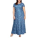 Alex Evenings Women's Plus-Size Long A-line Rosette Dress with Short Sleeves, Brushed Peri, 16W