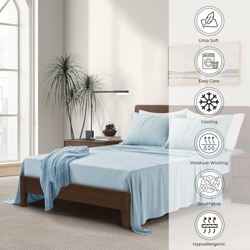 Image of Split King Size Sheet Set | 2 Fitted Sheets for Sleep Number & Adjustable Beds | Organically Grown | Ultra Soft & Cooling |100% Viscose | 17 inch Deep Pocket [Spa Blue]