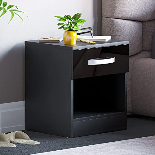 Vida Designs Table de chevet, table d'appoint brillante (noir, 1 tiroir)