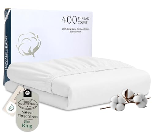 Image of Royale Linen 400 Thread Count King Fitted Sheet Only - 100% Cotton White Fitted Sheet King - Luxury Sateen Weave - All Around Elastic Deep Pocket - Soft & Durable Bottom Sheets - Fit Up To 16 inch (White)