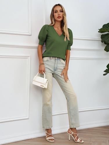 Image of Womens Puff Short Sleeve Sweater Tops 2026 Spring Summer Trendy Casual T Shirts Blouses