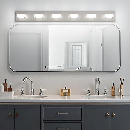 Image of Ralbay Brushed Nickel Bathroom Vanity Lights 48inch Metal Acrylic LED Modern Bathroom Wall Lighting Fixtures Over Mirror Brushed Nickel (White Light 6000K, Non-dimmable)