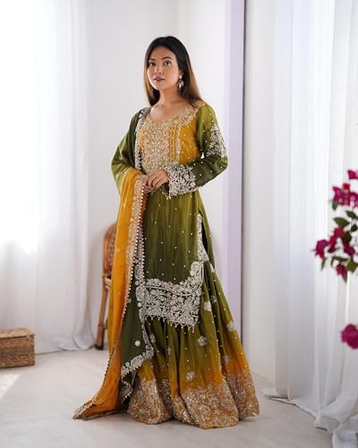 Image of Pandadi Saree Women's Chinon Silk Embroidery Kurta Sharara Set With Dupatta.