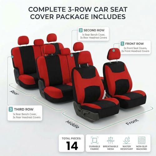 Image of FH Group Universal Automotive Seat Covers 8 Seater Set | Light & Breezy Flat Cloth Washable Car Seat Cover for SUV, Sedan, Truck | Airbag Compatible Interior Upgrade - Red /Black
