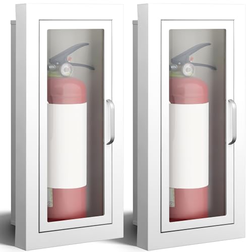 Image of Zonon 2 Pcs Semi Recessed Fire Extinguisher Cabinet, Steel Wall Mount Cabinet with Magnetic Door & Handle, Acrylic Window, 2.5 inch Trim Frame, Fits 2.5 /5 /10 lb Fire Extinguishers, White
