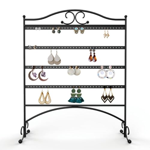 Image of ecofynd 92 Hooks Metal 4 Layer Jewelry Organizer Stand, 17 Inch Durable & Rust-Resistant Display Earring, Necklace, Bracelets, Chain, Rings Collection Hanging Holder (Black, JS007)