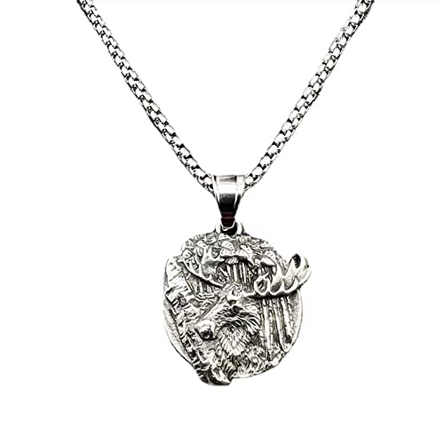 Collier Pendentif Tête D'élan pour Homme, Collier Amulette Totem Tête De Cerf Viking, Cadeau De Bijoux De Cerf Animal Punk,Argent,60cm Cover
