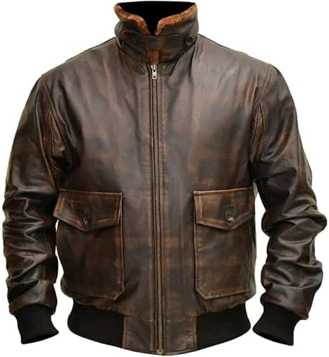 Image of Mens A2 Aviator Cockpit Bomber Leather Jacket - Distressed Pilot Jackets - G1 Fur Collar Flight Leather Jacket