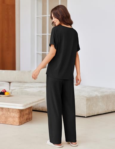 Image of Ekouaer Pajamas for Women Set 2 Piece Short Sleeve Tops with Long Pants V Neck Soft Pjs Casual Lounge Set with Pockets