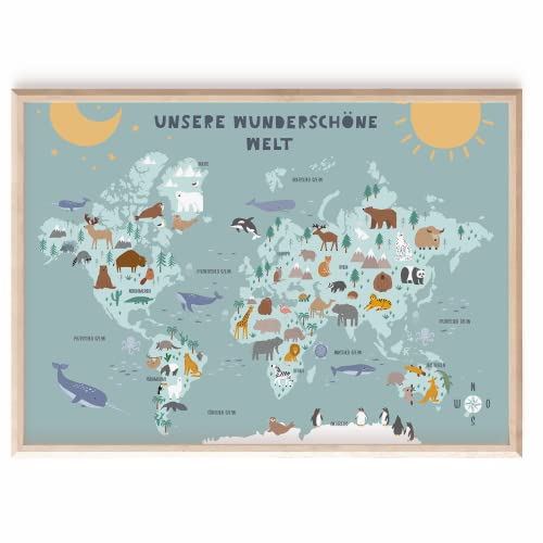 MeinBaby123® Weltkarte für Kinder | Tierweltkarte DIN A2 | Lernposter | Weltkarte für das Kinderzimmer mit Tieren | Premium Qualität (Weltkarte - blau) Cover
