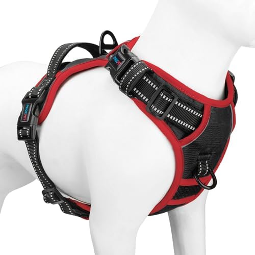 PHOEPET Hundegeschirr Mittelgroße Hunde, Anti Zug Verstellbar,Schwarz M | No Pull & Vollständig Verstellbar，2 D-Ringe，Schnellverschluss-Schnallen，Atmungsaktive Polsterung，Reflektie