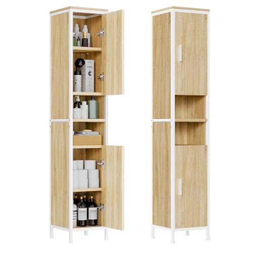 ELUCHANG Armoire de Salle de Bain, Meuble de Rangement, Colonne, avec Porte, Étagères Réglables, Compartiments,30 x 30 x 174 cm,Chêne Clair+Blanc