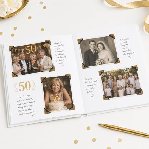 Image of Calculs 50th Birthday or Anniversary Guest Book, Gold Photo Album | 8.5-inch square hardcover keepsake book, 32 blank sheets for messages and instant photos, pen included