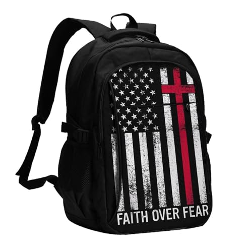 Faith Over Fear Patriotic Christian Cross American Flag Travel Backpack Laptop Backpacks Business Rucksack Outdoor Daypack Large Sport Bag with Luggage Strap USB Charging Port for Hiking