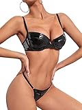 Milumia Women's 2 Pieces PU Leather Underwire Bralettes and Thongs Cut Out Lingerie Sets Black Medium