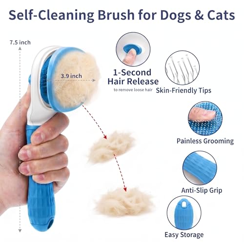 Image of 5-in-1 Dog Grooming Kit with Self Cleaning Brush & Rake, Blue | Best Push-Button Self-Cleaning Puppy Grooming Set with Undercoat Deshedding Rake & Steel Combs for All Long Short pet hair