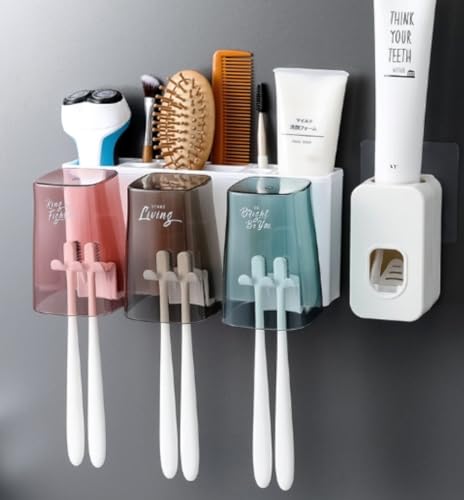 Ohget 歯ブラシスタンド マグネット式 歯磨きコップホルダー 収納ラック 壁掛け 洗面台用 多機能バスルーム収納ケース 家族用 (4) (3歯磨き粉絞り器)