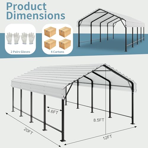 Image of Shintenchi 12x20 FT Metal Carport, Oversized Carport Garage with Enhanced Base, Outdoor Galvanized Car Shelter, Heavy Duty Carports Canopy, for Car, Boats and Tractors, White