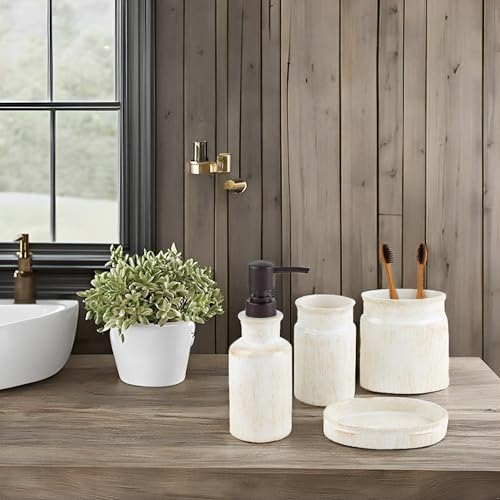 Image of Creative Scents Rustic Luxe Beige 4 Piece Bathroom Accessories Set | Includes Soap Dispenser, Toothbrush Holder, Tumbler Cup & Soap Dish