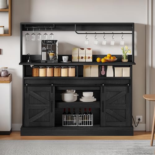 DWVO Farmhouse Buffet Cabinets, 52" Coffee Bar with Goblet Holder & Power Outlet, Sliding Barn Door Sideboard Cabinet for Kitchen & Living Room Storage (Black Oak)