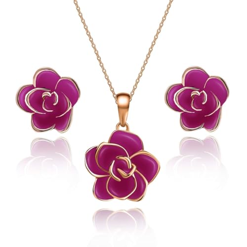 EVEVIC Rose Flower Necklace Earrings for Women Fashion 18K Gold