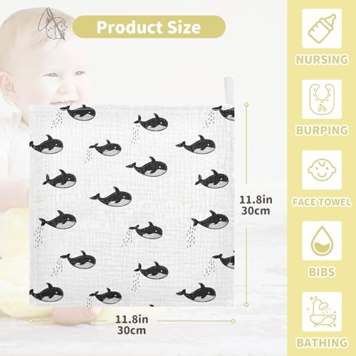 Image of vvfelixl Little Cute Orca Baby Burp Cloths Baby Muslin Washcloths for Boys Girls Cotton Babys Face Towel for Newborn Infants Soft and Absorbent 11.8 X 11.8 in, 5 Pack