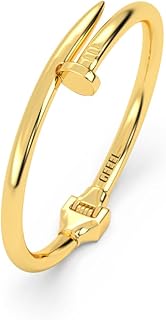 14K Gold Plated Bangle Bracelet, Zirconia Simulate Diamond Bangle, Cuff Bracelets for Women with Gift Box, Buckled Nail Cuff Bold Bangle Bracelet, Stainless Steel, no gemstone