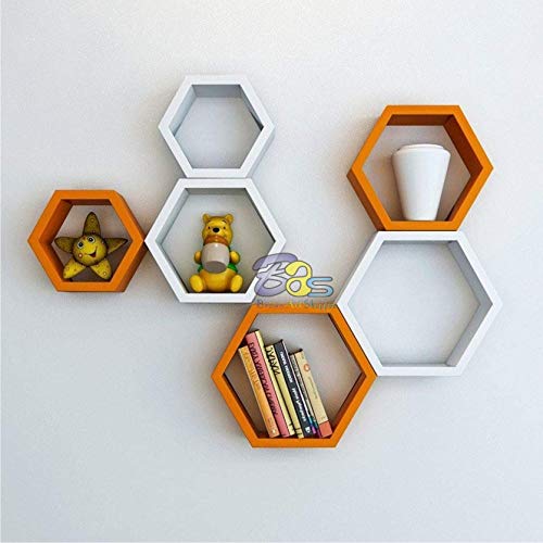 Image of BAS Brown Art Shoppee Decorative Display with Hexagon Shape Painted Finish Engineered Wood Floating Wall Shelves and Racks (Orange and White) - Set of 6